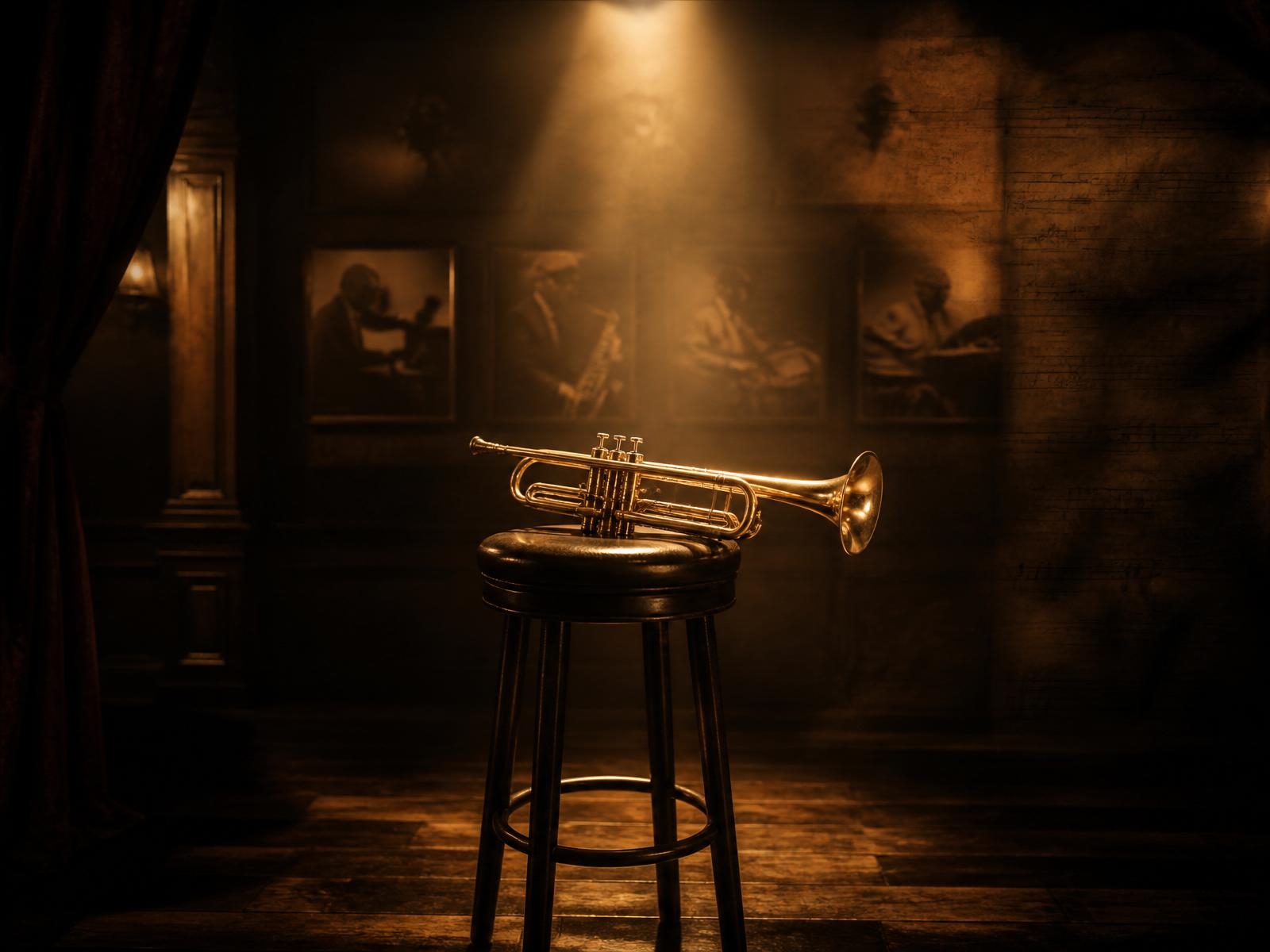 A single polished brass trumpet resting on a stool beneath a warm amber spotlight inside a historic jazz cultural center after hours.